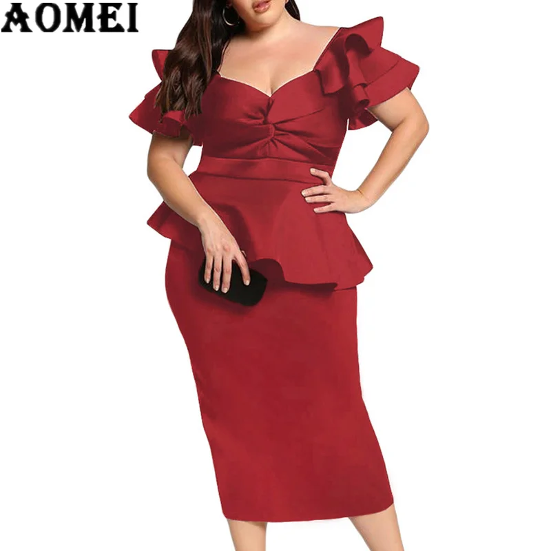 

Women Dress Slim Ruffles Office Ladies Fashion Fake 2 Pieces Set Plus Size 5XL Modest Classy Female Robes Elegant Femme Clothes