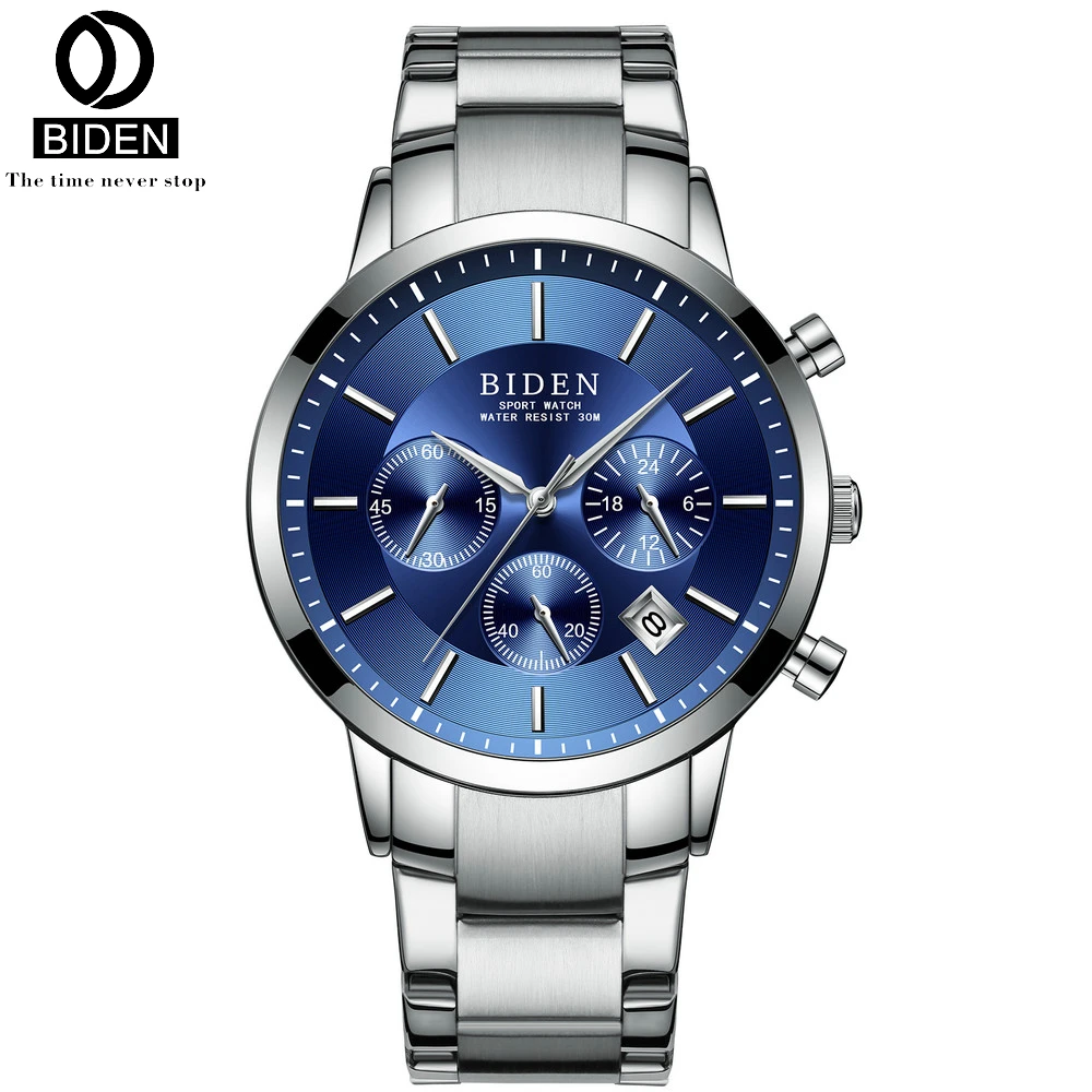

BIDEN Mens fashion Quartz Watch Silver Stainless Steel Auto Date Watches Chronograph Military Wristwatches Montre Homme