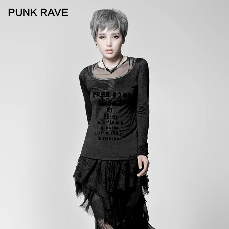 PUNK RAVE Gothic Punk Style Long Sleeve Tees Black Cross Knitted Full Color Printed Women T-Shirt | Женская одежда