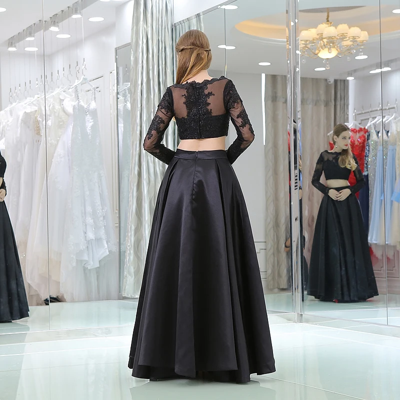 JaneVini в наличии Черное женское платье для выпускного бала 2 два предмета кружева с длинными рукавами Beadings женские элегантные платья