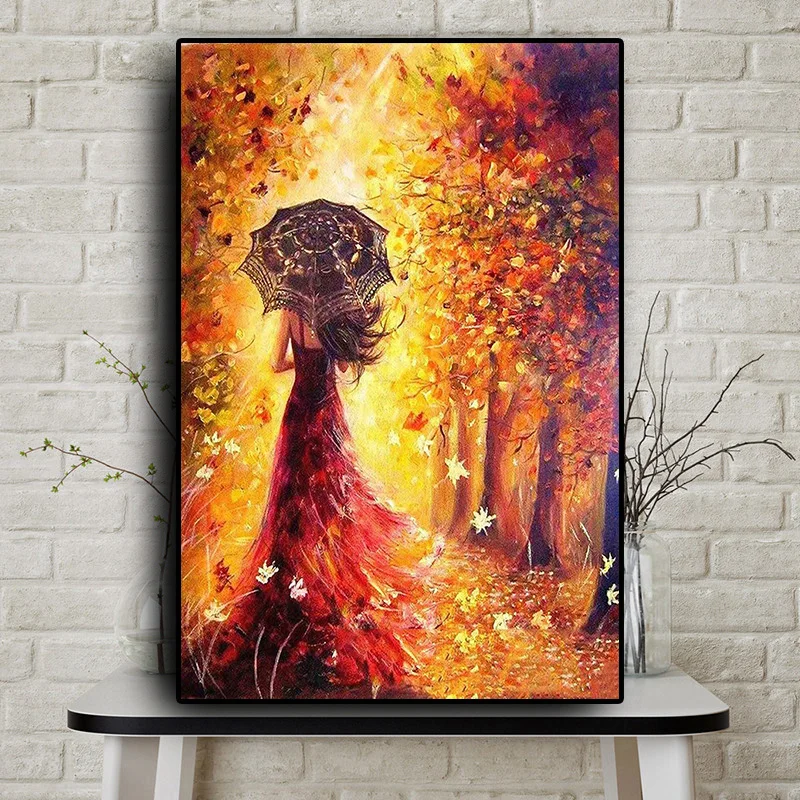 

Gold Forest Girl Landscape Oil Painting on Canvas Posters and Prints Scandinavian on The Wall Art Picture for Living Room Decor