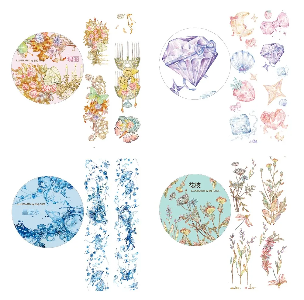 

4Design Special Ink Diamond/Ice/Flowers/Rose/Water Japanese Decorative Adhesive DIY Masking Paper Washi Tape Label Stickers Gift