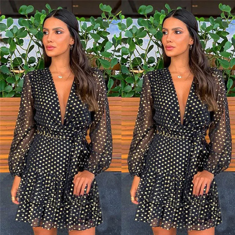 

Short Summer Dress Fashion Women Deep V Neck Long Sleeve Polka Dot Print Dress Elegant High Split Sexy Clubwear Party Dresses FD
