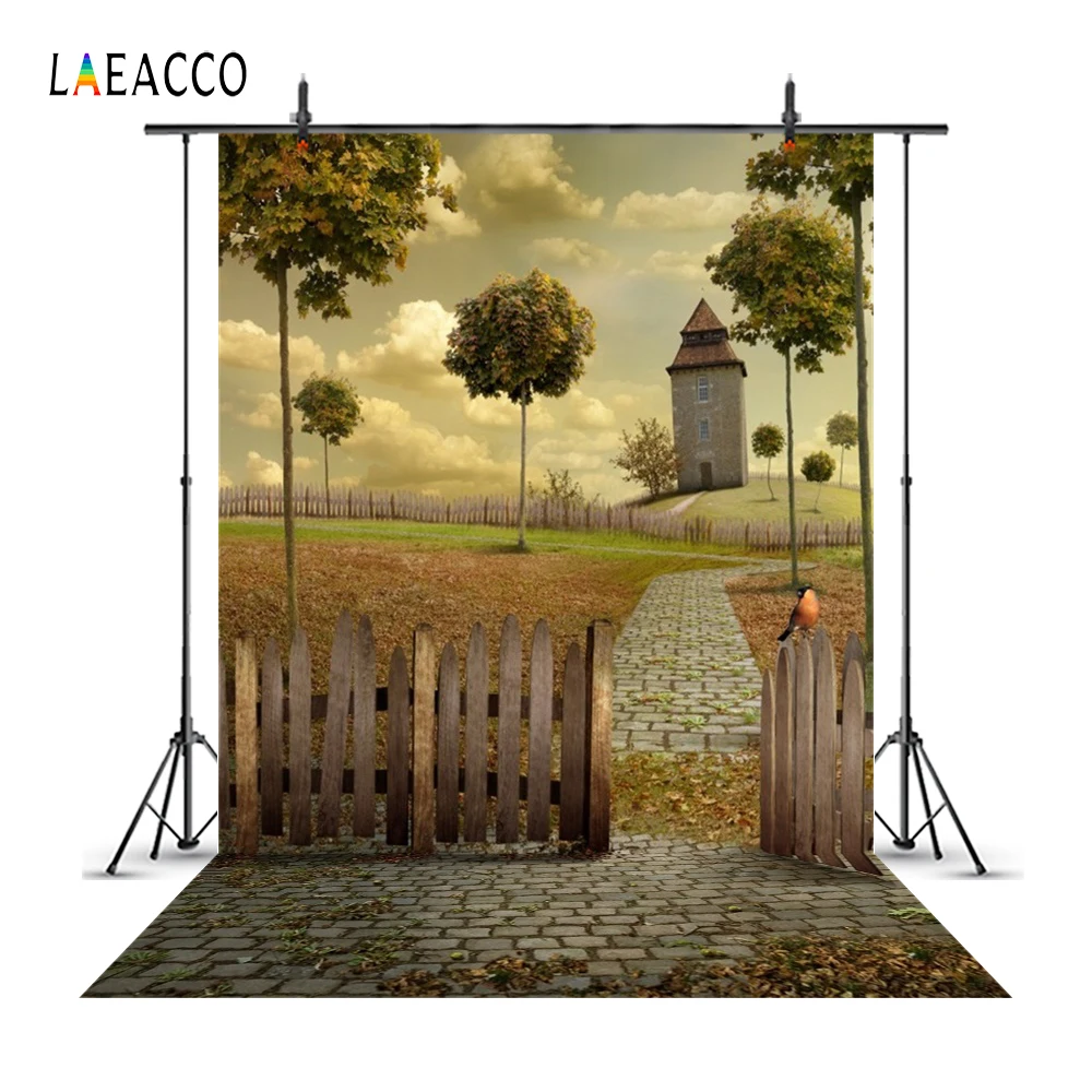 

Laeacco Castle Wooden Fence Green Grass Passage Tree Cloud Child Baby Portrait Photo Background Backdrops Photocall Photo Studio
