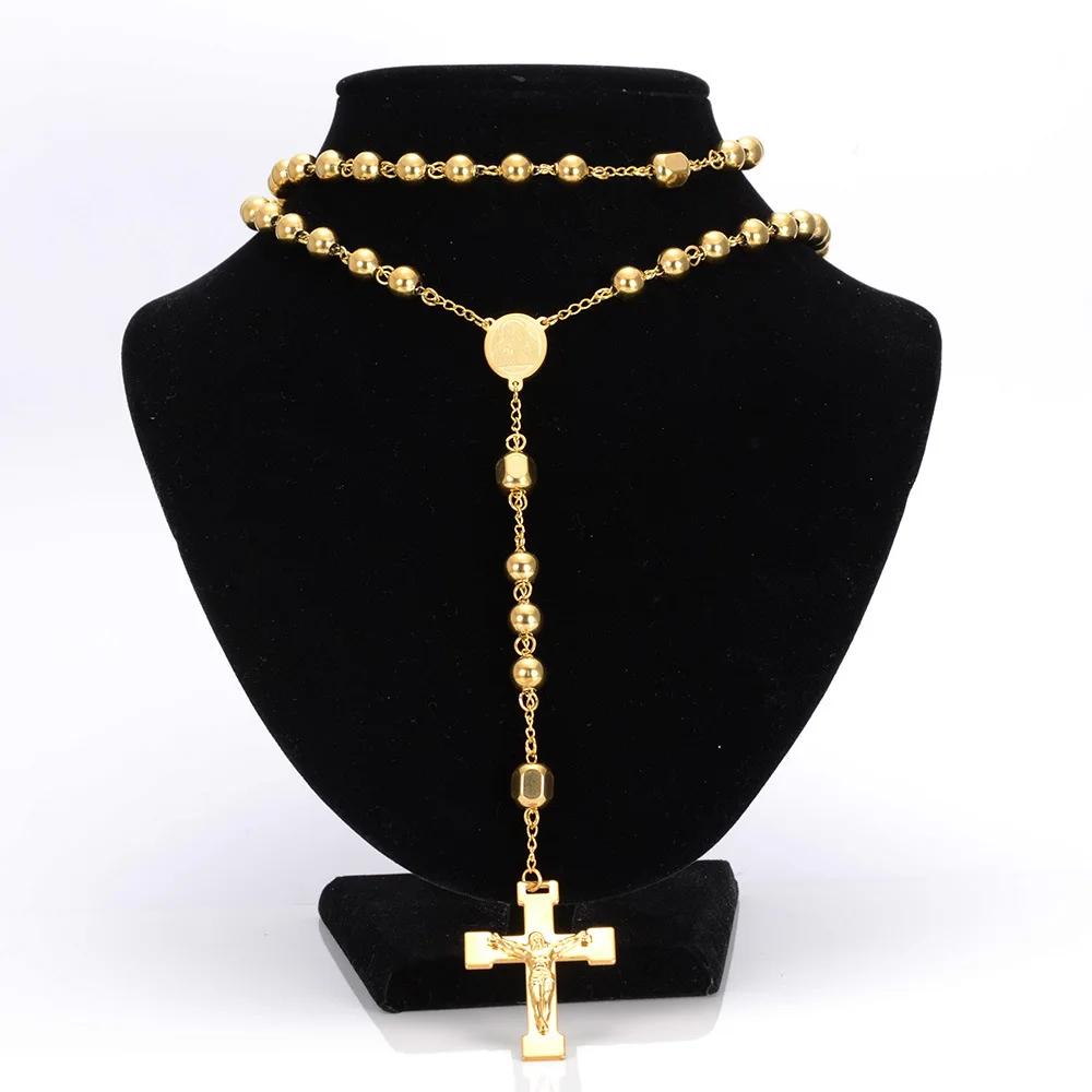 

8mm Full Gold Filled Stainless Steel Bless Rosary Beads Link Trendy Sweater Chain Catholic Womens Necklace Jewelry