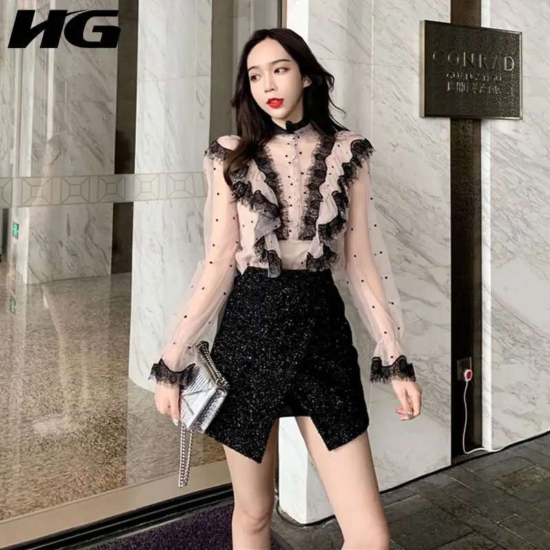 

[HG] Korea Fashion Female 2019 Spring Summer Blouse Vintage Full Sleeve Stand Collar Lace Wooden Ear Perspective Shirt LYH3263