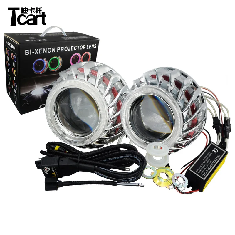 

Tcart F2 Circular /Round Double Angel Eyes bi -xenon hid conversion kit Projector Lens Light For Auto Headlights