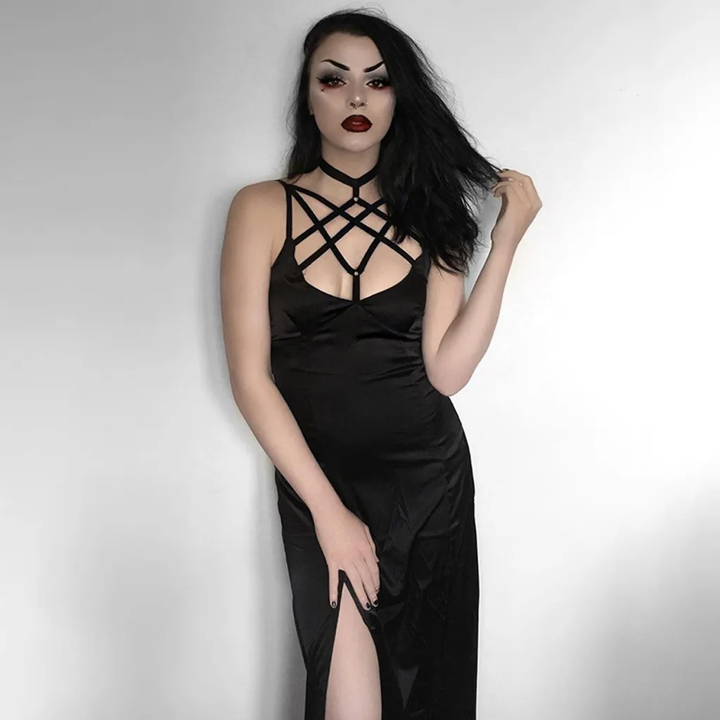 

Superb Women Gothic Style Dress Punk Black Retro Halter Collar Dresses Fabulous Female Clothing Bandage Slipt Sexy Dress Falda