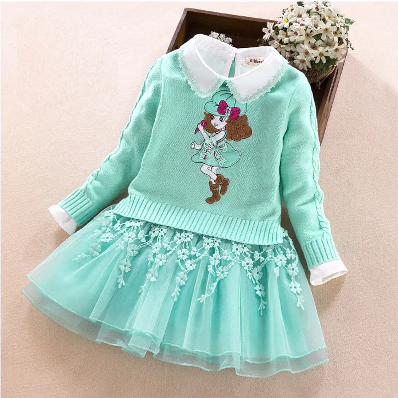 

Girls Knit Sweaters Top+Princess Dress Suit Children Wear Coat Sweater Autumn Winter Kids Clothing Two-Piece Suit Long-Sleeve