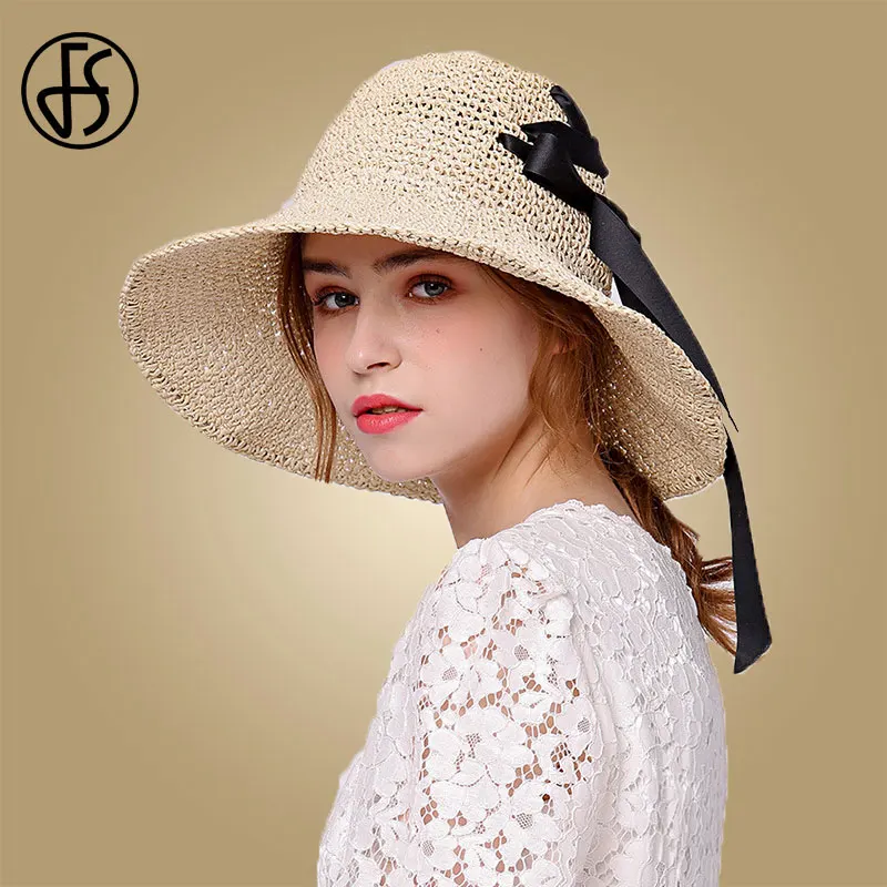 

FS Summer Sun Hats For Women Straw Foldable Hats 2019 Wide Brim Cloche Sunbonnet Floppy Hat Beach Cap Chapeau Paille Femme