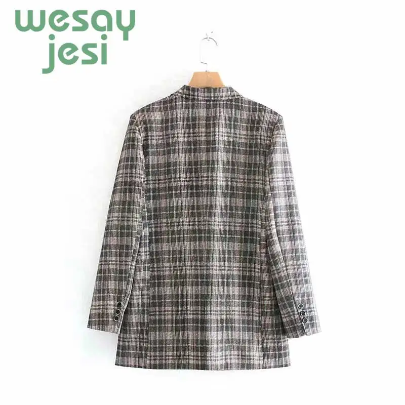 Women Blazer Pockets Jackets Female 2019 new Retro Suits Coat plaid Vintage  Blazer Loose Coat Streetwear