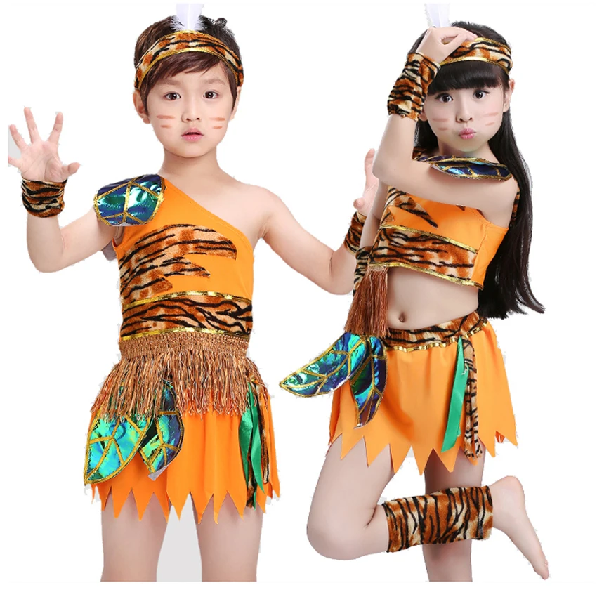 

African Mexican Style Maori Ancient Indians Savage Cosplay Costumes for Kids Boys Girls Leopard Carnival Performance Clothing