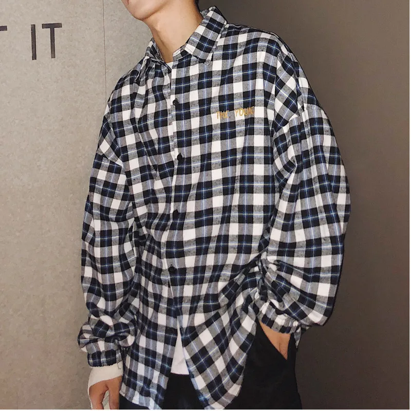 

Fashion Casual Men's Shirt Spring And Autumn New M-XL Plaid Embroidery Loose Top Jacket Tricolor Personality Youth Popular