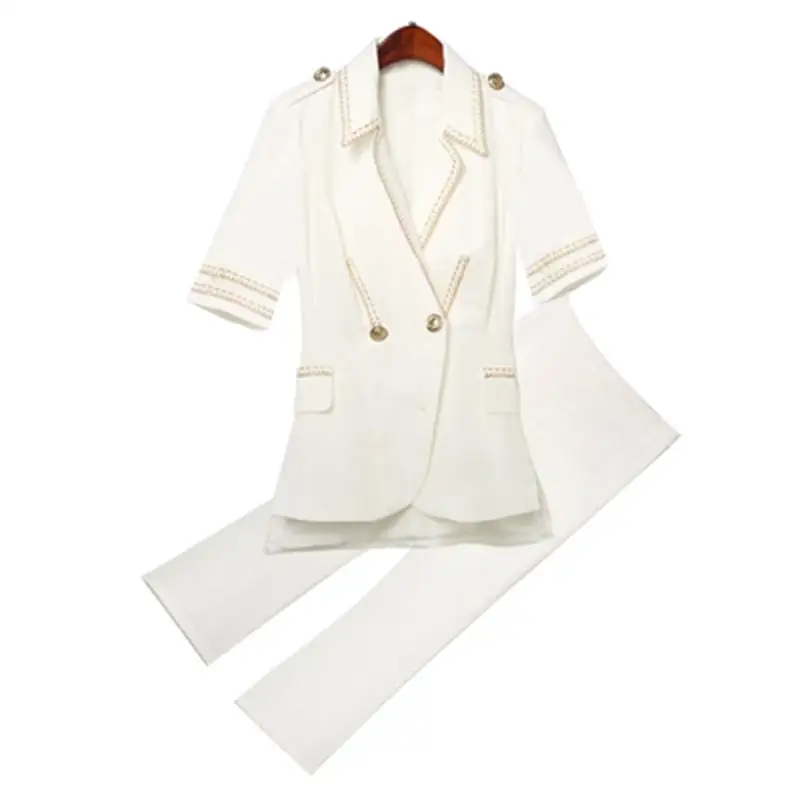 Mode pak vrouwelijke zomer Nieuwe high-end Vroege herfst casual borduren Wit pak + broek tweedelig pak vrouwen Mode pak vrouwelijke zomer Nieuwe high-end Vroege herfst casual borduren Wit pak + broek tweedelig pak vrouwen