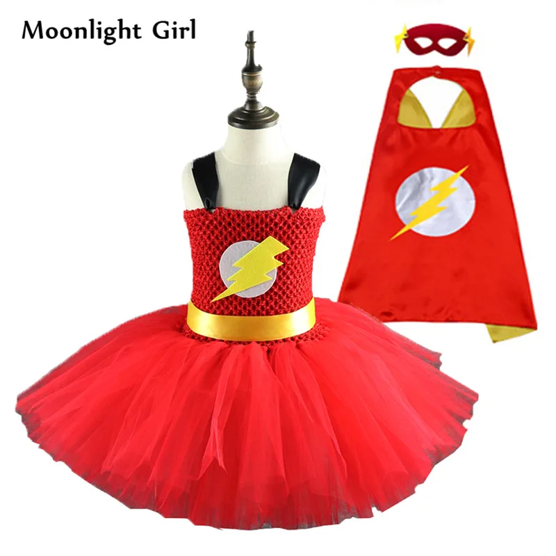 Красное, желтое платье-пачка для маленьких девочек с супергероем, светящееся платье, Детский костюм на Хэллоуин, костюм супергероя, нарядная одежда MK030