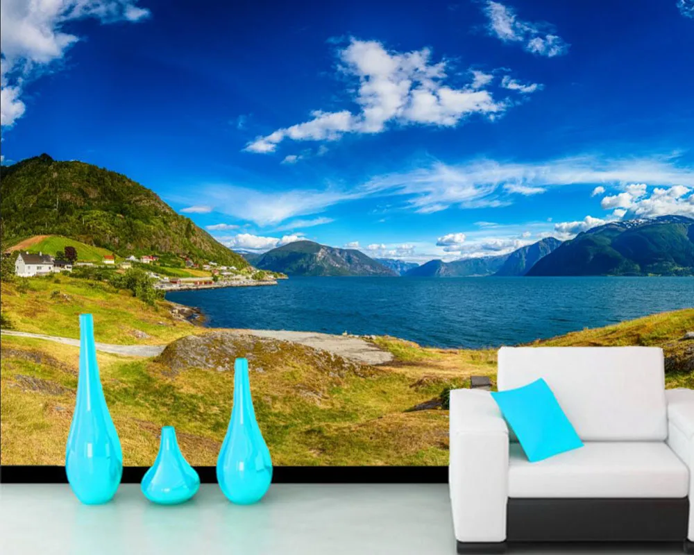 

Papel de parede Iceland Houses Rivers Sky Hill Nature 3d wallpaper mural,living room TV sofa wall bedroom wall papers home decor