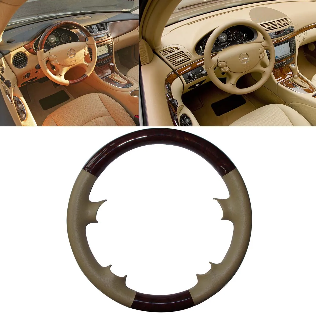 

Tan Leather Wood Steering Wheel Protector Cover Trim for Mercedes 03-09 W209 C209 CLK CLK320 CLK550 06-09 W211 S211 E E280 E320