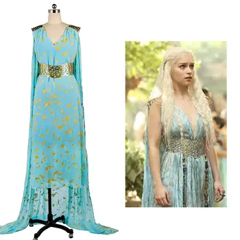 

2017 New!GOT Daenerys Targaryen Blue Dress Cospaly Costume Halloween Party For Adult Women Full Set High Quality