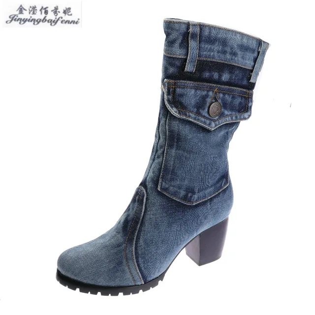 Blue Denim Women's Winter Boots New Canvas High heeled Shoes Non slip