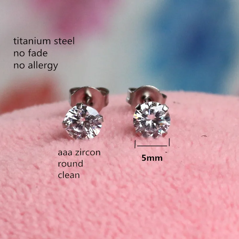 Titanium Stud Earrings 5 Mm Clean Aaa Zircon 316 L Stainless Steel No