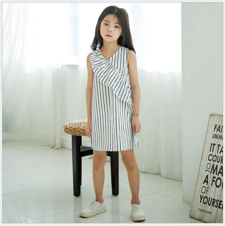 

Bohemian striped ruched dress Teenager girls Beach Holiday Dress children brief loose large sizes straight summer girl outfit