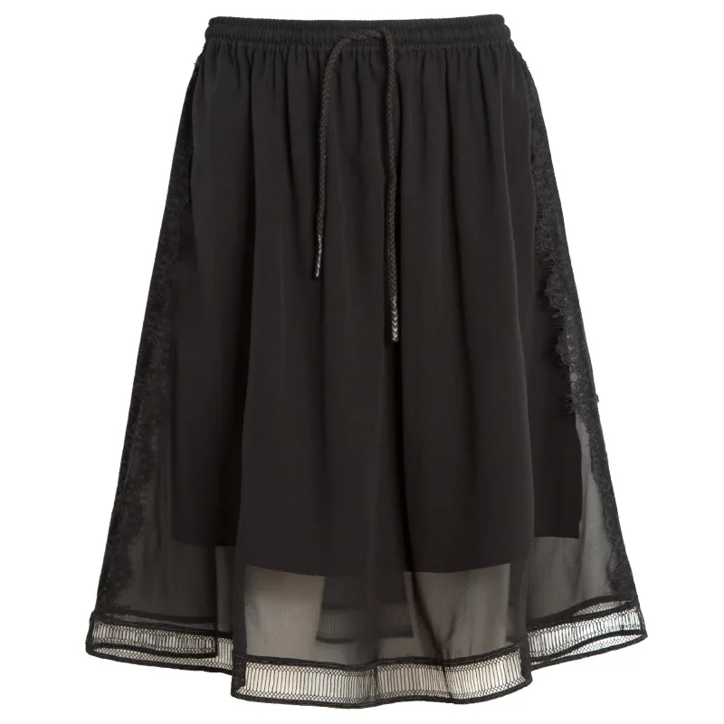 Женская шелковая юбка из натурального шелка креп OL плиссированные трапециевидные юбки эластичная высокая Талия Кружева Trimed Летние черные юбки для женщин - Цвет: Черный