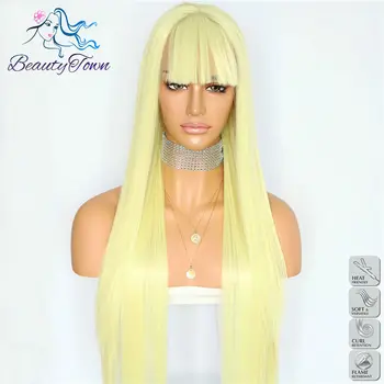 

BeautyTown Light Yellow With Bang Heat Resistant Hair Women Wedding Party Cosplay Present Synthetic Lace Front Daily Makeup Wigs