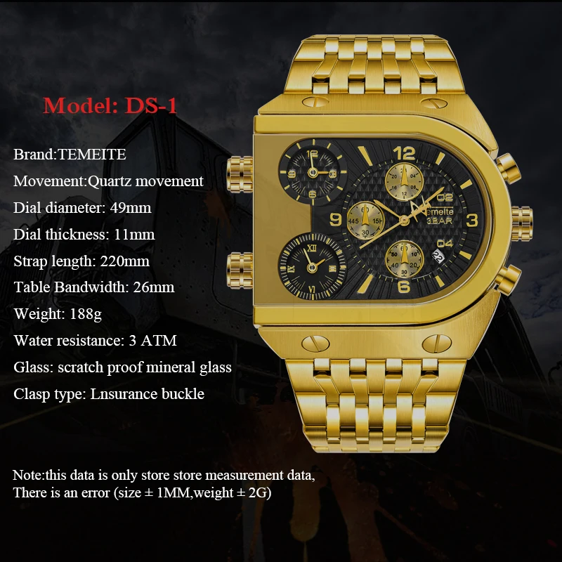 TEMEITE Quartz Mens Watches Top Brand Luxury Golden Clock 3 Time Zone Date Stainless Steel Strap Mi
