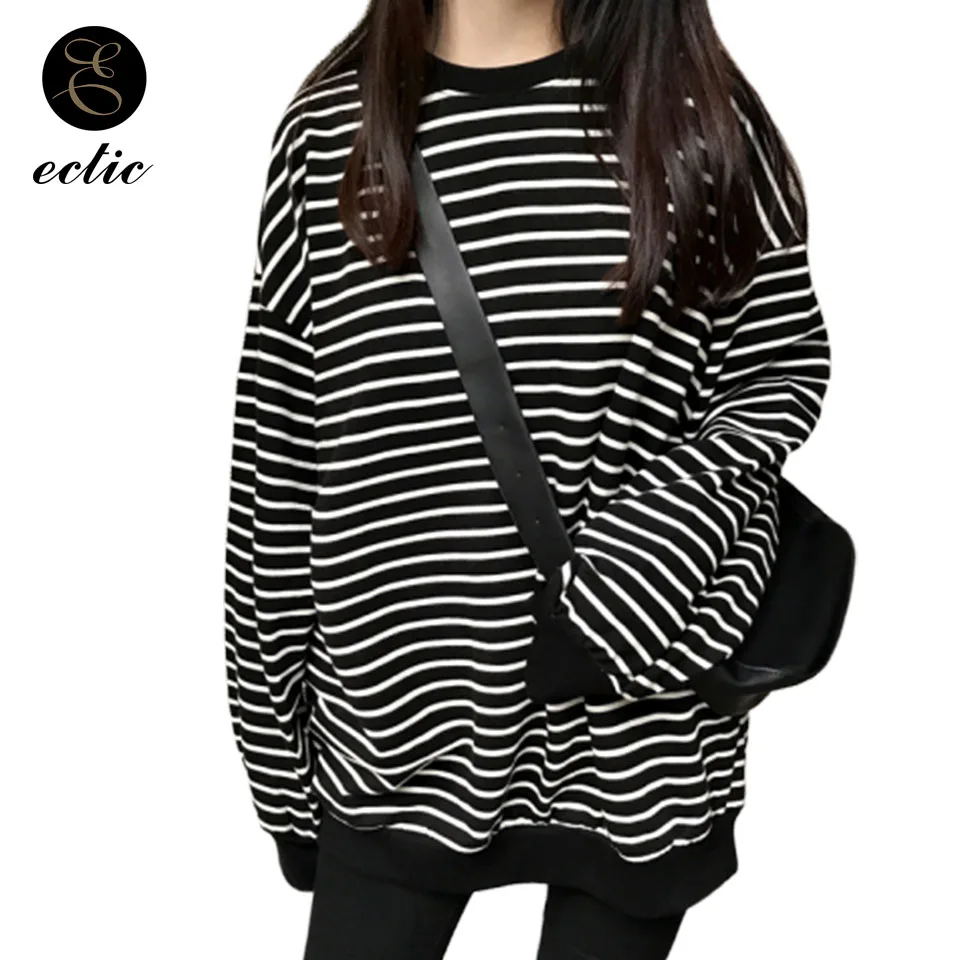 

Harajuku Oversized Punk Korean Hoodie Women Poleron Mujer 2019 Ulzzang Long Sleeve Kawaii Sweatshirt Black White Stripes Hoodie
