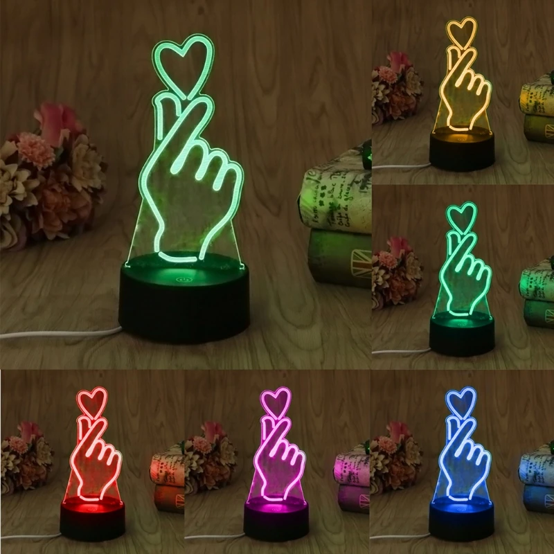 USB Новинка 7 цветов Изменение палец сердце светодиодный ночной Светильник 3D настольная лампа домашний декор
