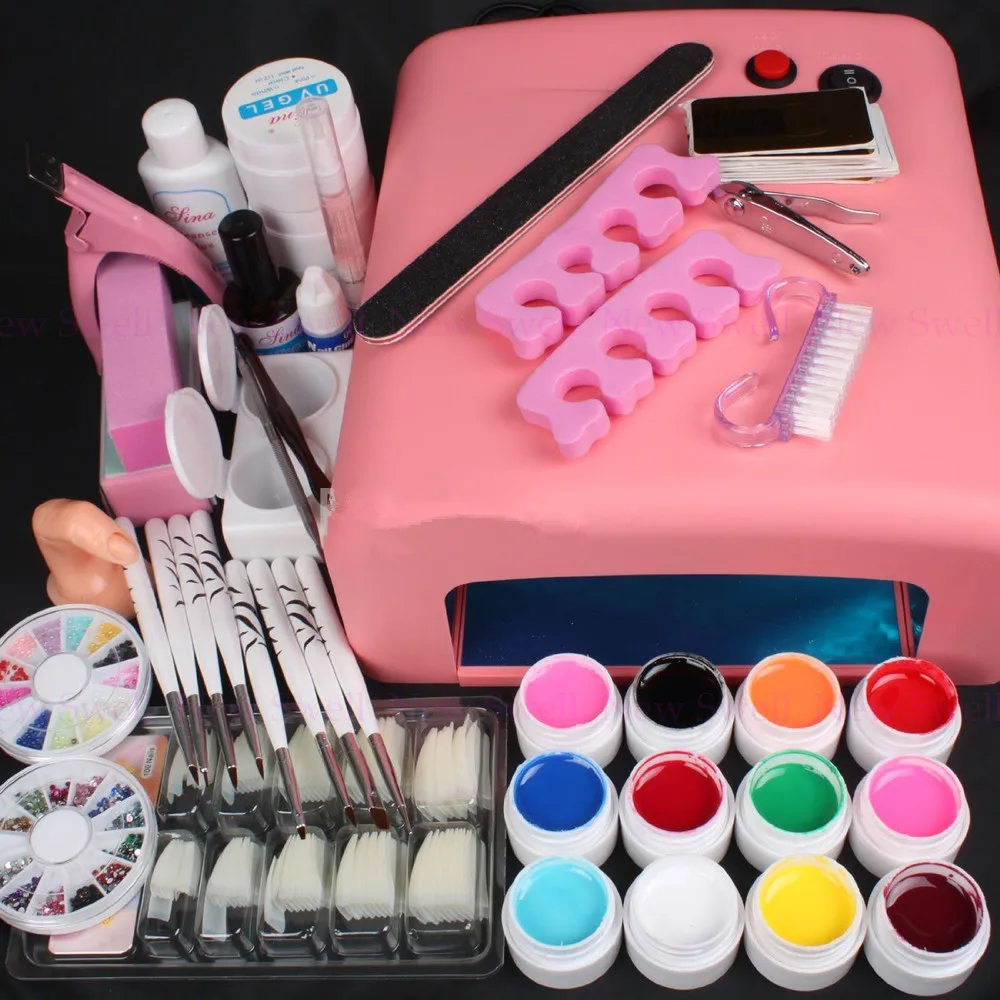 

25 in 1 Professional Nail Art Set 12 Color Pure Solid Uv Gel Brush Buffer Tool Nail Tips Glue Super Kit With 36w Pink Lamp Dryer