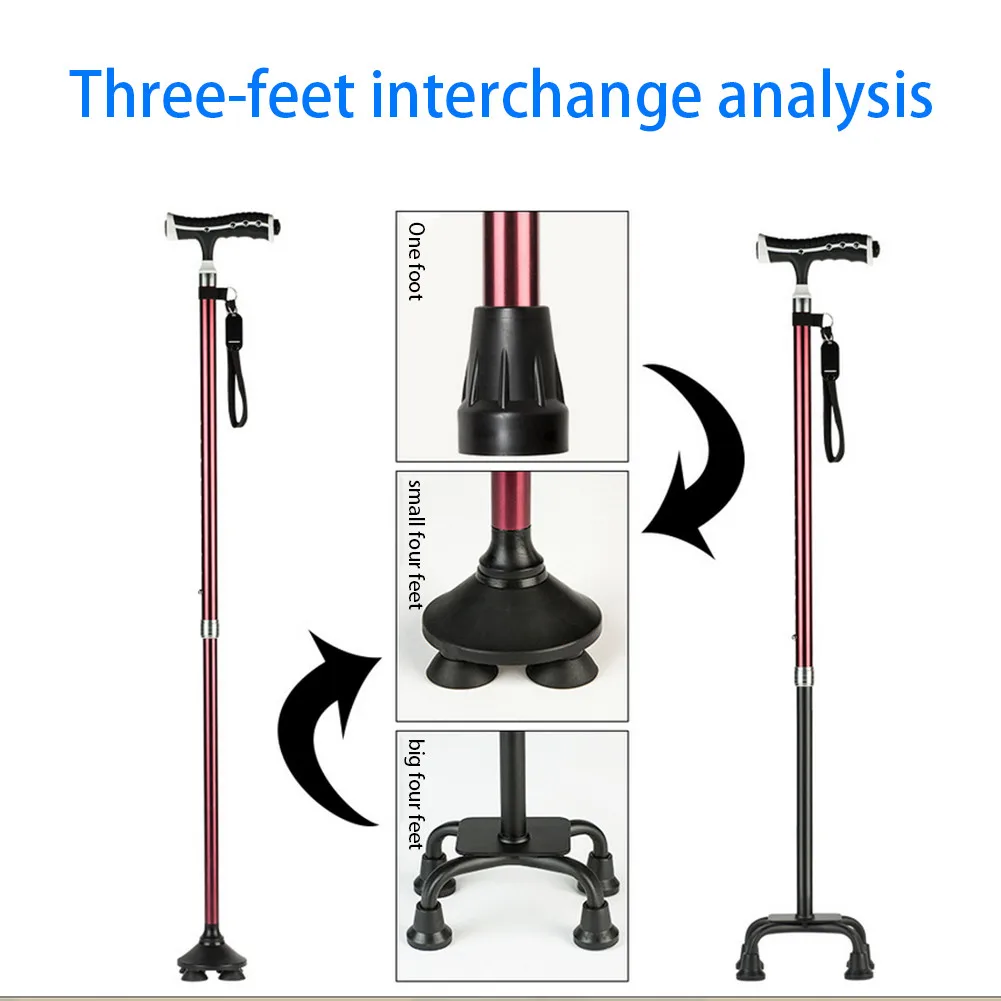 Одну палку три использования против скольжения пожилых костыли трости трость с легкой четыре футов телескопическая Регулируемая трость
