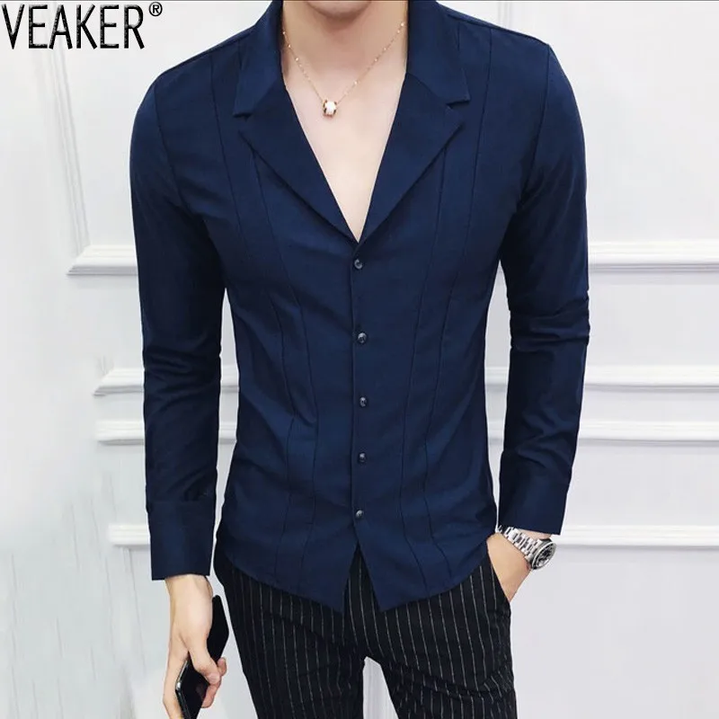 

2018 New Men's Sexy Deep V Neck Shirts High Quality Slim Fit Silk Satin Shirt Male Solid Color White Business Party Shirt M-3XL