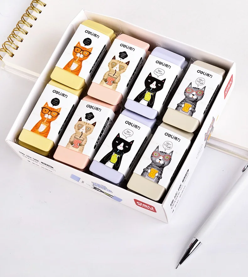 2Pcs Cartoon Cat 4B Rubber Eraser For Kids 25X60X10mm Pencil Eraser 4 Colors School Supplies Office Supplies Deli 71080