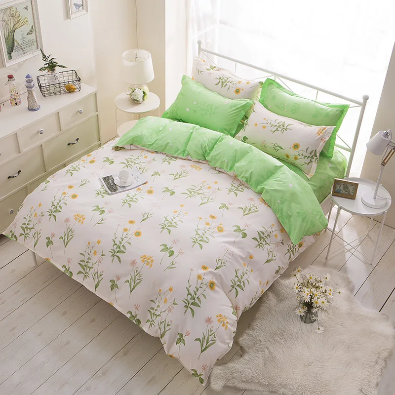 

Fresh Style white Bedding Set Light Green Flower Pattern duvet cover flat sheet pillowcaase girl/adult gift home textie