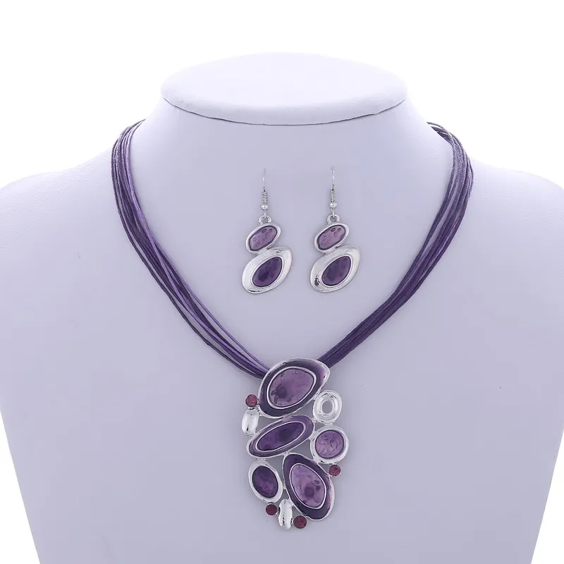 Мода драгоценный камень геометрический серебряный кулон ожерелье серьги набор кожаный Чокер ожерелья для женщин Бохо ювелирный набор подарок цена - Окраска металла: F849