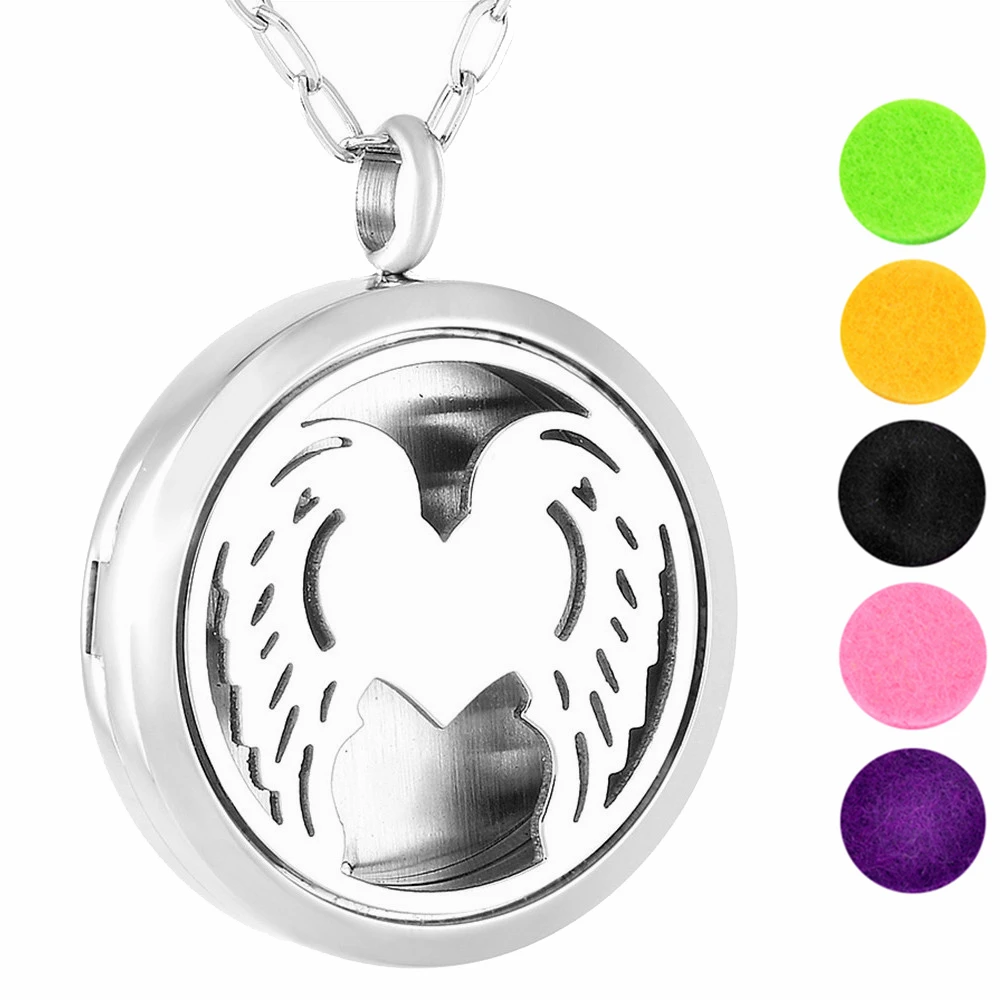 

IJP0179 Stainless Steel Perfume Locket Aromatherapy Pendant Essential Oil Diffuser Necklace Angle Heart Wings