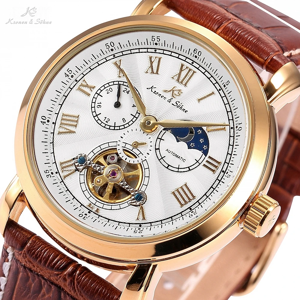 الملاح KS الذهبي حالة التلقائي الذاتي الرياح الشمس القمر يوم ليلة عرض حلقة من جلد الرجال ساعات آلية/KS220 الملاح KS الذهبي حالة التلقائي الذاتي الرياح الشمس القمر يوم ليلة عرض حلقة من جلد الرجال ساعات آلية/KS220