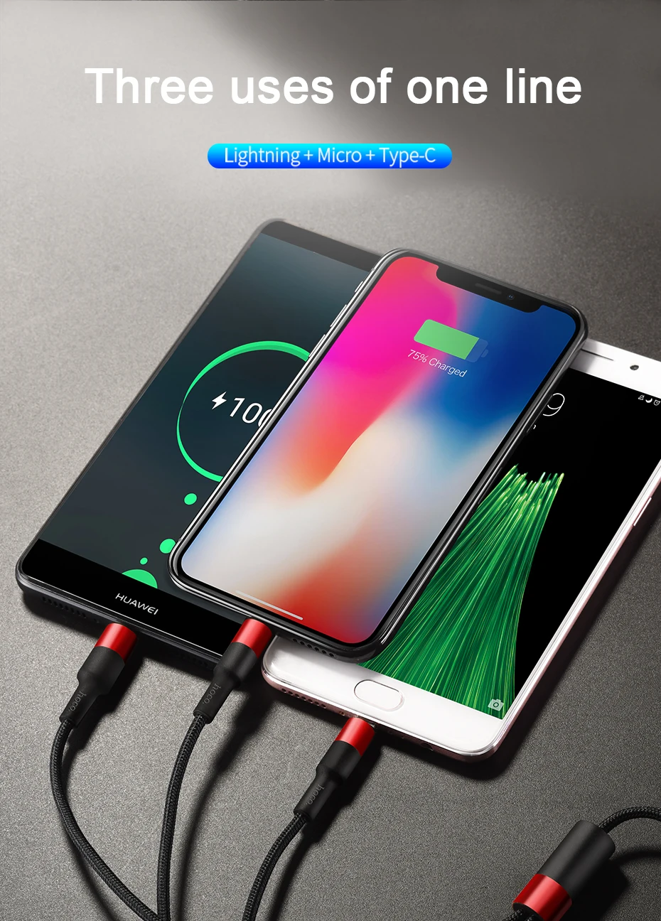 HOCO 3 в 1 USB кабель для iPhone Micro usb type C зарядный кабель для samsung зарядный кабель Micro USB C шнур для мобильного телефона