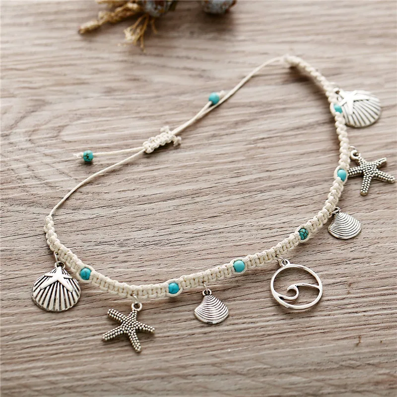 Набор ножных браслетов в богемном стиле с подвеской в виде морской звезды серебряного цвета, винтажный браслет ручной работы для женщин