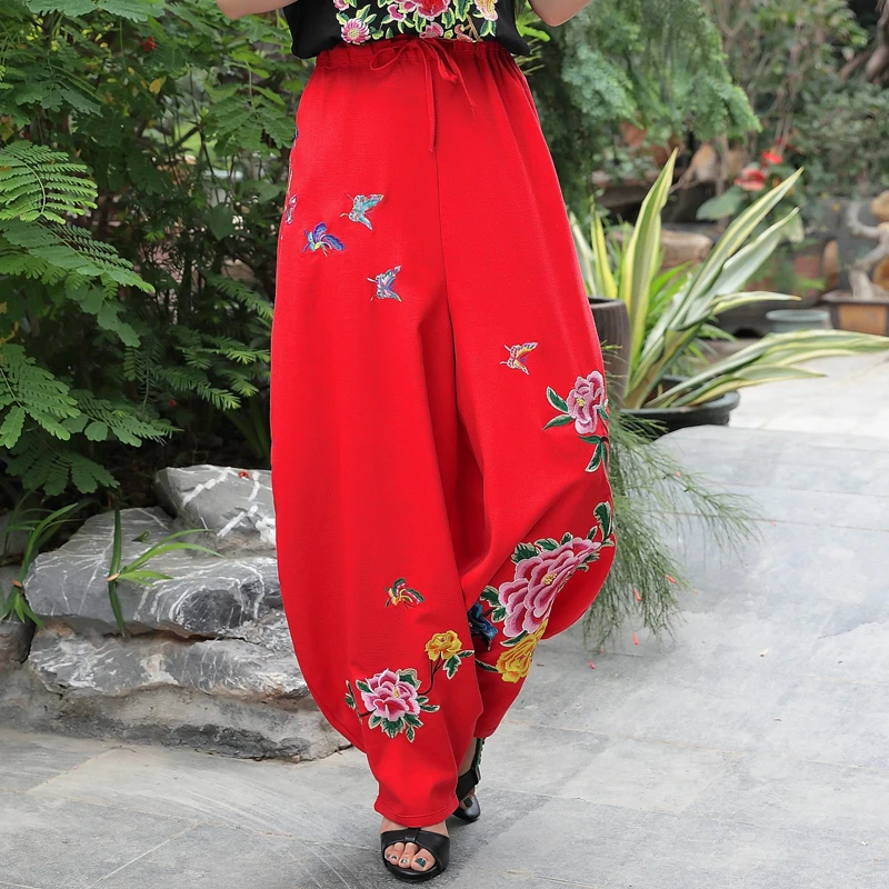 

Cotton Linen Women Casual Pants 2019 Fashion Loose Vintage Floral Embroidery Long Pants Elastic Waist Harem Trousers Pantalon