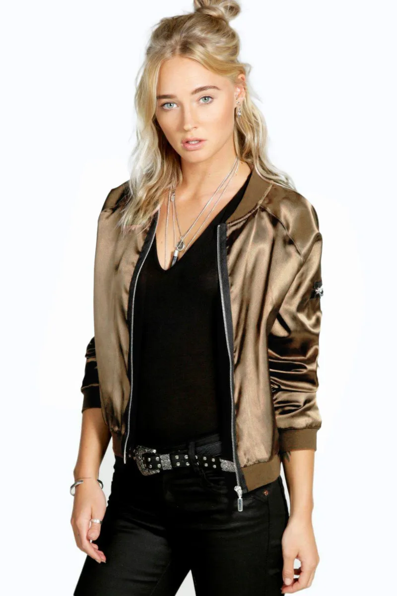 

2018 New Sexy Black Silver Zipper Satin Bomber Jacket Women Basic Coats Ladies Autumn Coat Top Long Sleeve Wrap Surcoat Outwear
