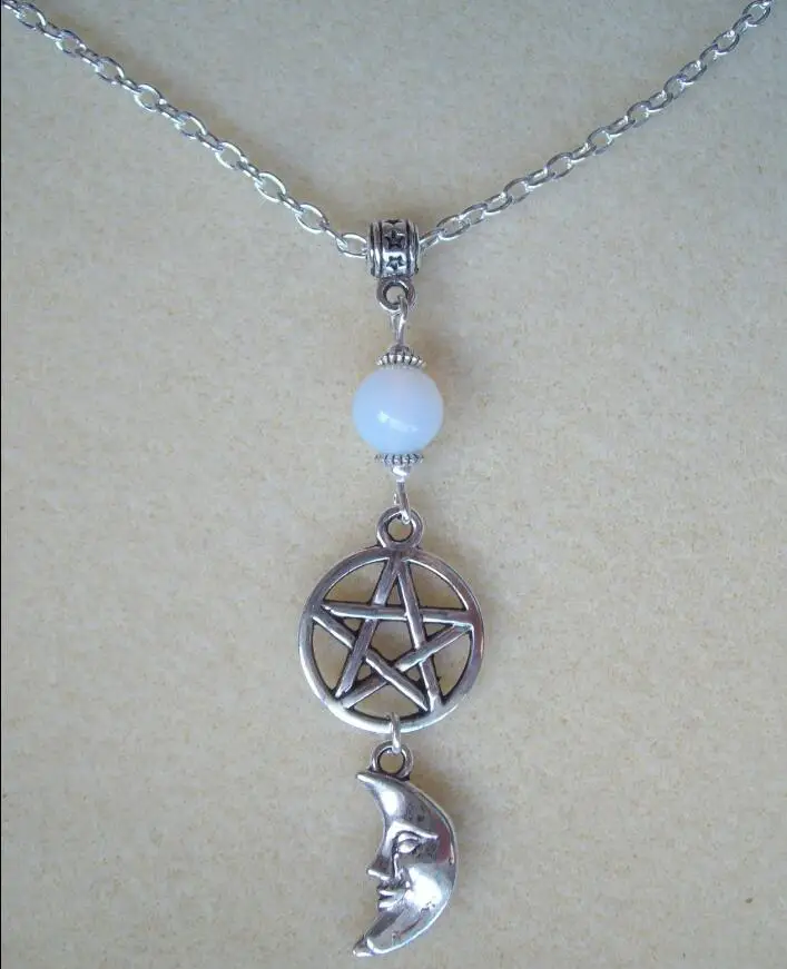 

Drop shipping Moonstone Pentagram and Moon Goddess Charm Wicca Pagan Necklace