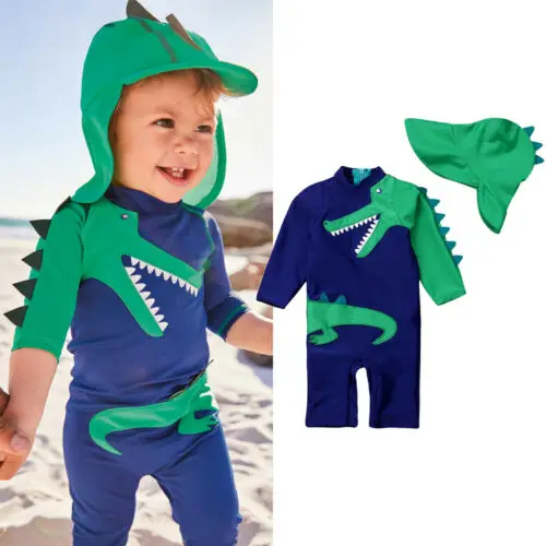 Бренд 2 шт. для маленьких мальчиков Солнцезащитный купальник шляпа 3D Dinasour Рашгард костюм одежда ванный комплект пляжная
