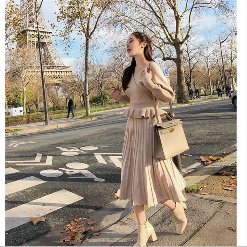 

limiguyue autumn winter 2 piece sets knitting short sweater pullovers elastic high waist pleated long skirts runway suit Z0958