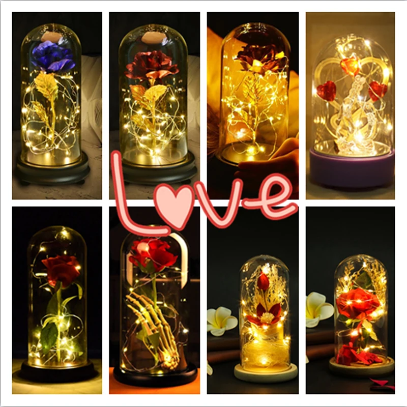 

Valentine's Day Romantic Red Rose Glass Bottle Artificial Fake Flowers Glow Gifts for Christmas Birthday Party Home Decorations