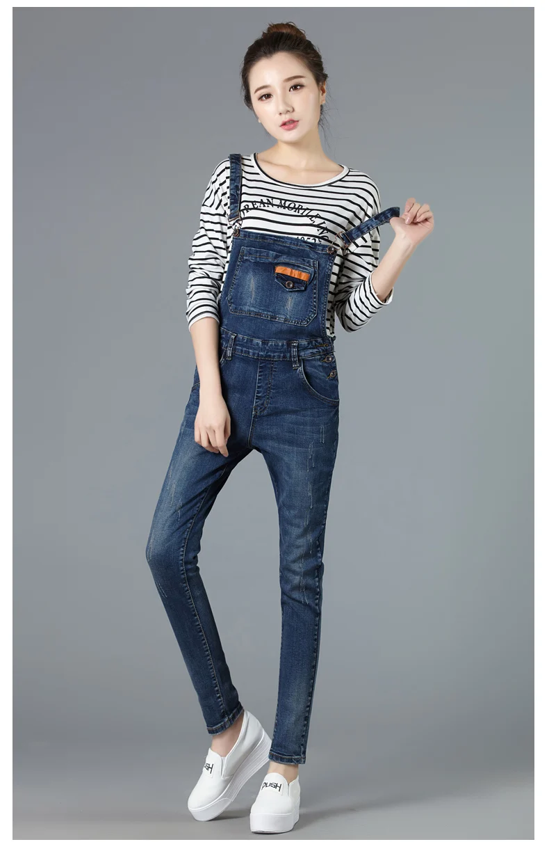 

2016 Spring Denim Bib Pants Female Preppy Style Hole Roll Up Hem Overalls Trousers Loose Denim Jumpsuit Girl Suspender Jeans