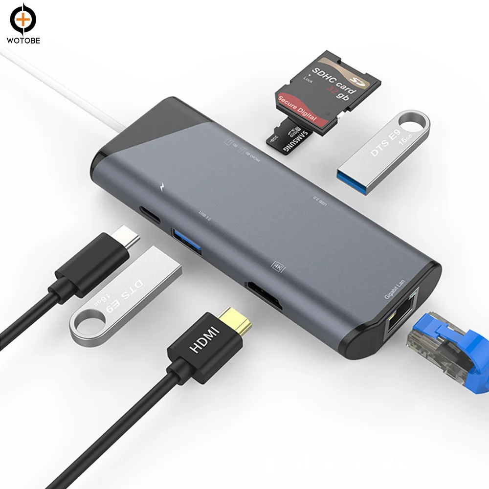 USB C PD зарядное устройство концентратор многопортовый Тип C комбинированный концентратор для MacBook к HDMI 4 K Ethernet, SD/TF кардридер и USB 3,0 порты