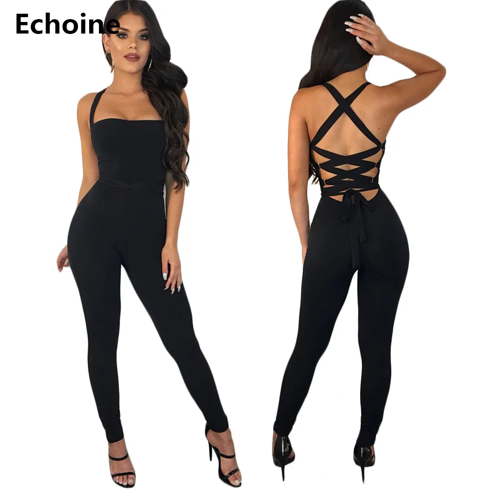 

Summer Women Spaghetti Strap Bodycon Jumpsuit Sleeveless Lace Up Backless Slim Skinny Rompers Jumpsuit Club Outfit Sexy Overalls
