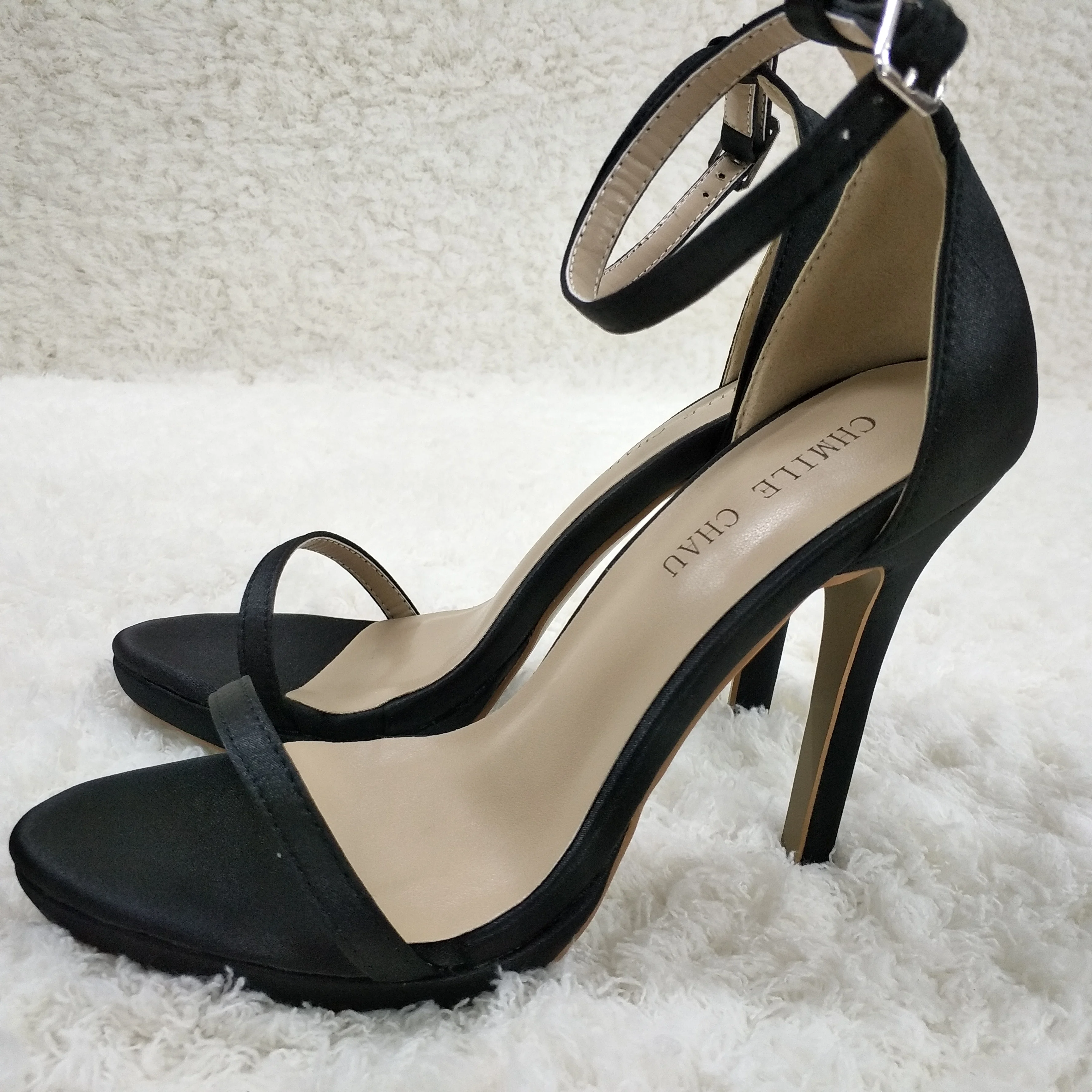 

Women Stiletto Thin High Heel Sandals Sexy Ankle Strap Open Toe Black Satin Fashion Party Bridals Ball Lady Shoe 0640A-13